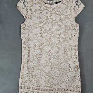 Perceptions Petite PXL Croquet Midi Lace Dress Pink Blush Floral Cap Sleeve